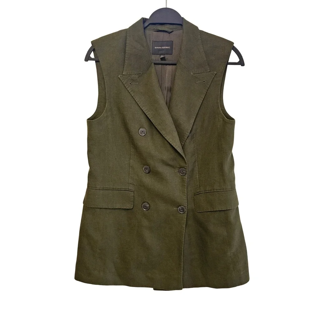 Banana Republic Womens Olive Green Double Breasted Linen Blend Vest Blazer 8